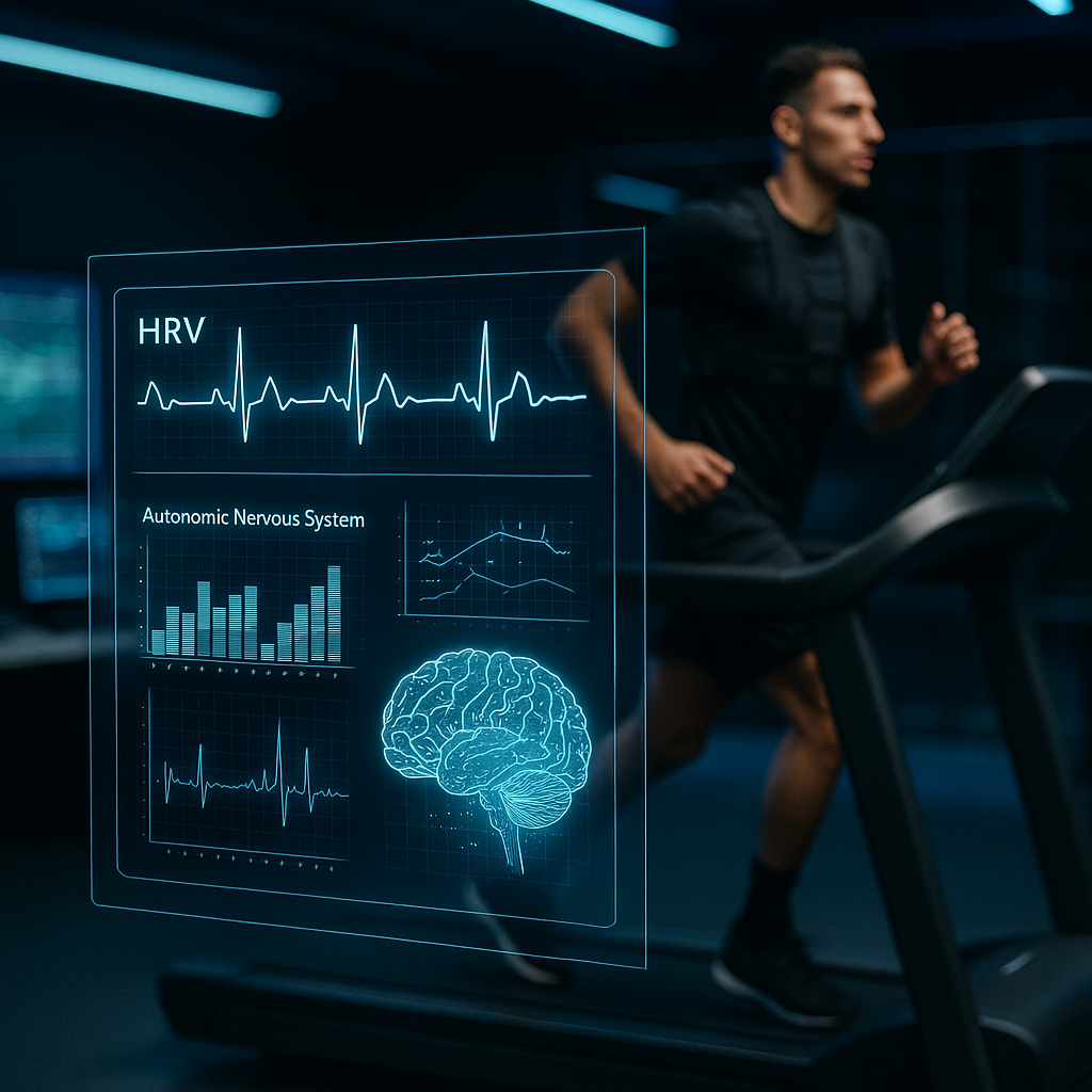 Atleta in corsa sul tapis roulant con monitoraggio HRV del sistema nervoso autonomo